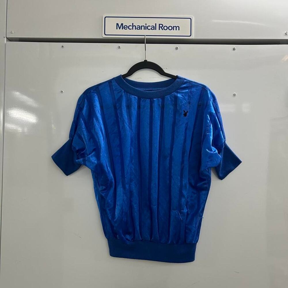 Vintage 80s Playboy Bunny Royal Blue Satin Stripe Top,
